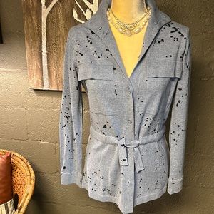Nic and Zoe tie cardigan size XS light blue with black splatter accents